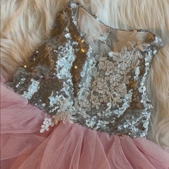 Pink Tutu silver sequined dress with lace Appliqué - Picture 2 of 9